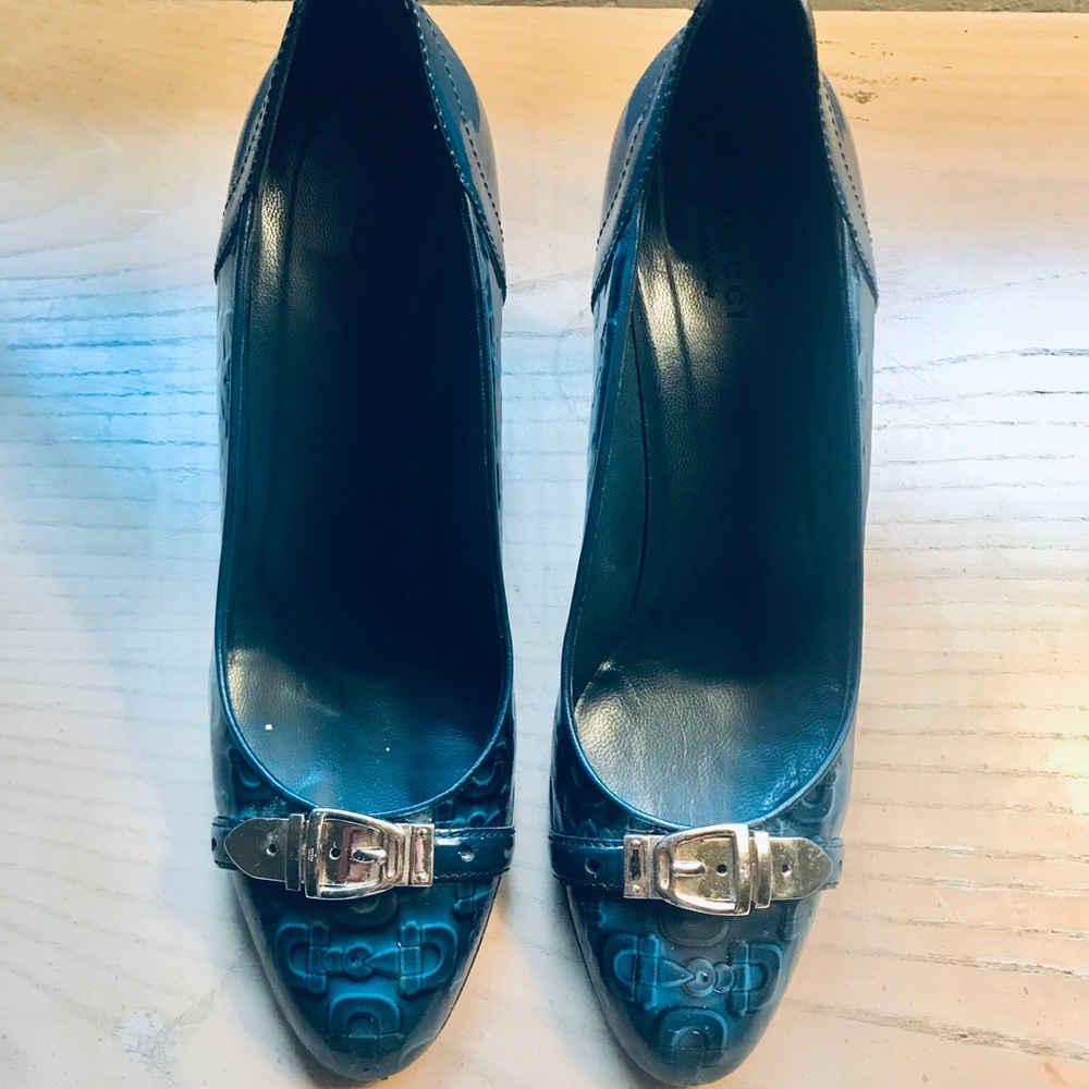 Gucci Horse-bit  + logo blue patent pump